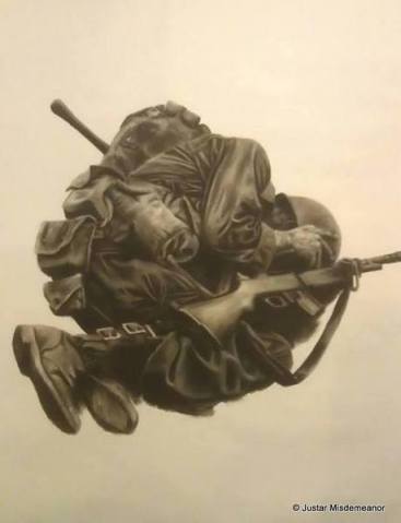 Justar Misdemeanor, 'Soldier', 2013, charcoal on paper, in 'Jerwood Drawing Prize 2013' at Jerwood Space, Bankside, London. Photo courtesy www.degreeshow.mmu.ac.uk and the artist.