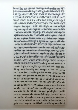 J Price, 'adeclarationandamanifsto/butyoujustsawsex', 2015, hand-carved letters printed onto curtain liner, in 'Young Gods' 2016 at Griffin Gallery, London. Photo credit Kelise Franclemont.