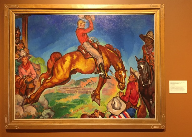 William Penhallow Henderson, 'Sky high, Powder river', 1915, oil on canvas, at Booth Western Art Museum, Cartersville, GA. Photo credit Kelise Franclemont. The card reads: '...This colourful painting is influenced by the French art style known as Fauvism. WP Henderson is remembered as a highly-inventive New Mexico artist, teacher, children's book illustrator, and architect.'