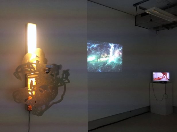Installation view, 'Fast Forward/Rewind' at Punctum Gallery, Chelsea College of Arts, London. Photo credit Kelise Franclemont.